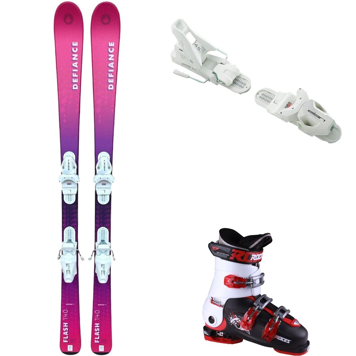 Image of Defiance Flash Jrs Ski + EL 7.5 Binding + Idea Free Boot - 2025 Pnk/Wht/Blk/Wht/Red, 140cm/OS/22.5-25.5
