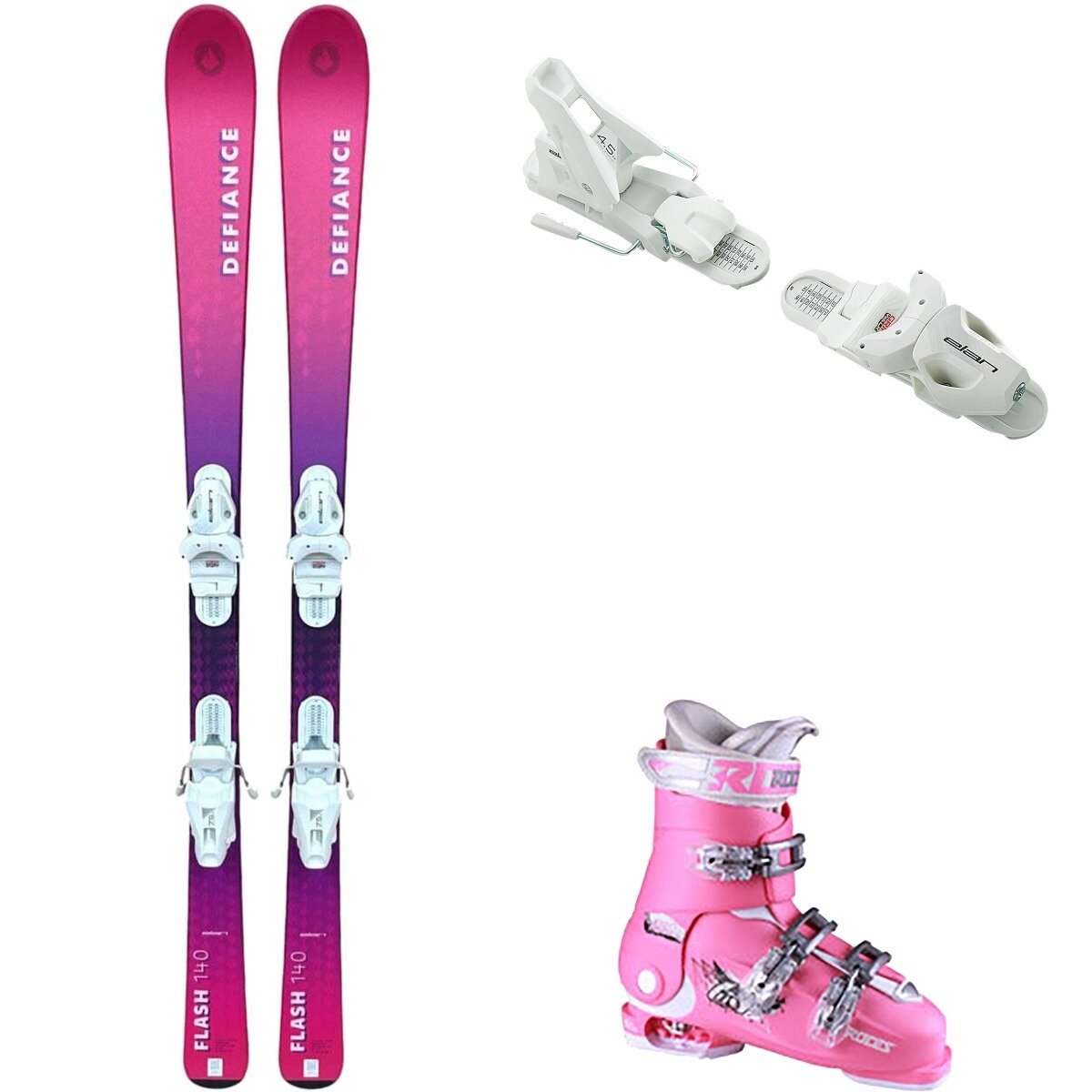 Image of Defiance Flash Jrs Ski + EL 7.5 Binding + Idea Free Boot - 2025 Pnk/Wht/Pnk/Wht, 140cm/OS/22.5-25.5