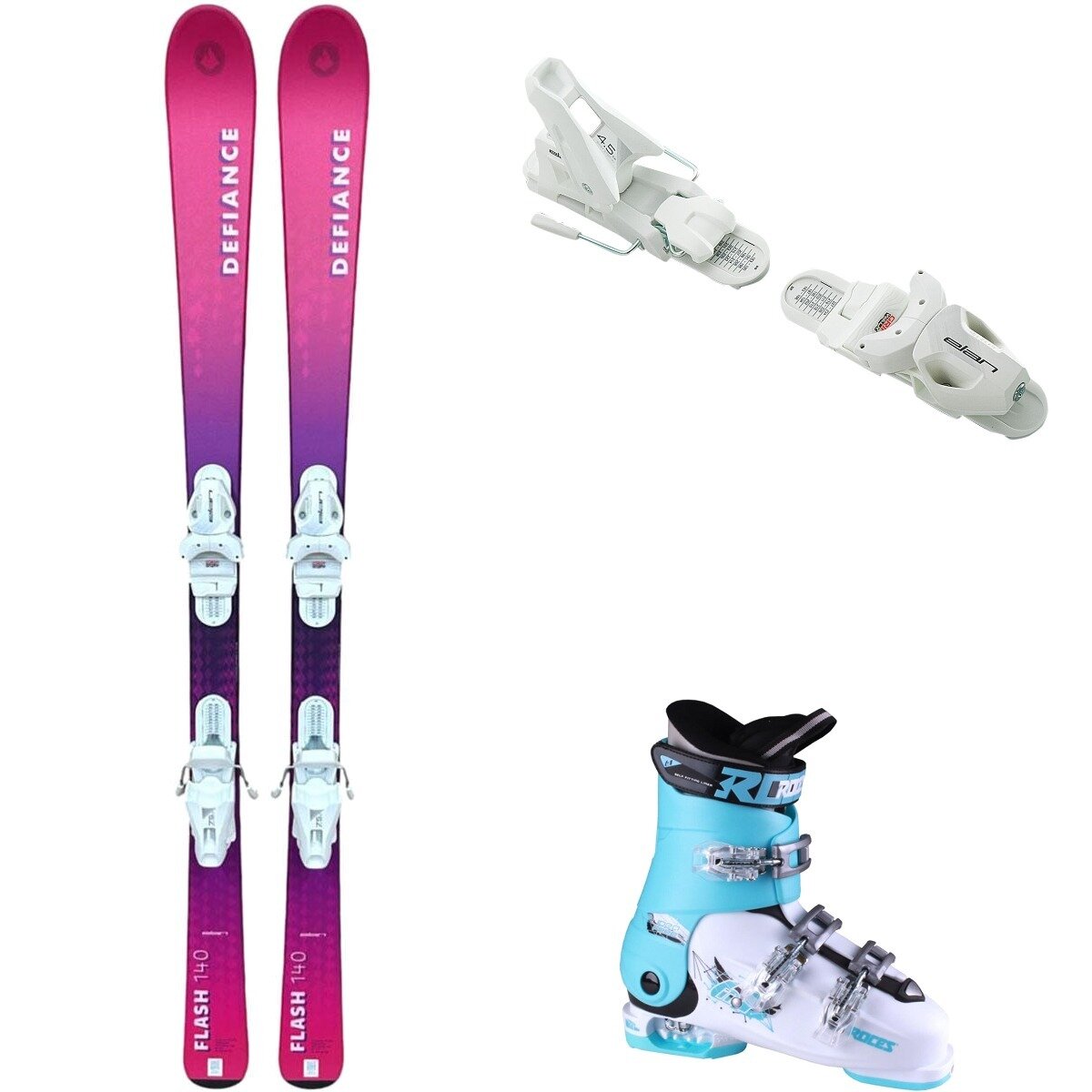 Image of Defiance Flash Jrs Ski + EL 7.5 Binding + Idea Free Boot - 2025 Pnk/Wht/Wht/Lt Blu, 140cm/OS/22.5-25.5