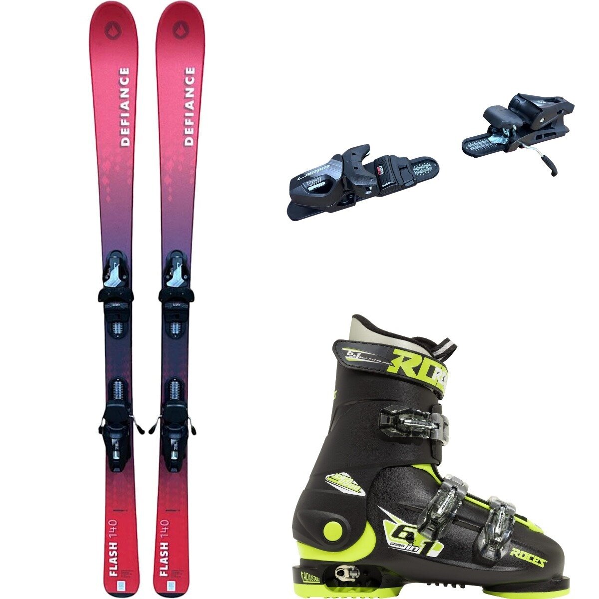 Image of Defiance Flash Jrs Ski + EL 7.5 Binding + Idea Free Boot - 2025 Red/Blk/Blk/Lime, 140cm/OS/22.5-25.5