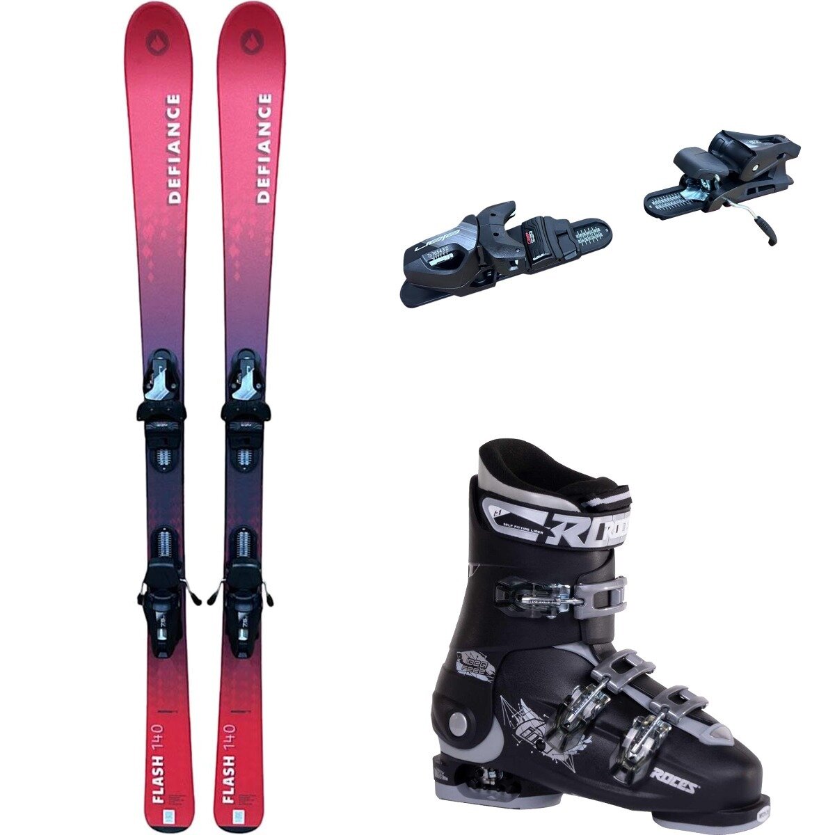 Image of Defiance Flash Jrs Ski + EL 7.5 Binding + Idea Free Boot - 2025 Red/Blk/Blk/Silv, 140cm/OS/22.5-25.5