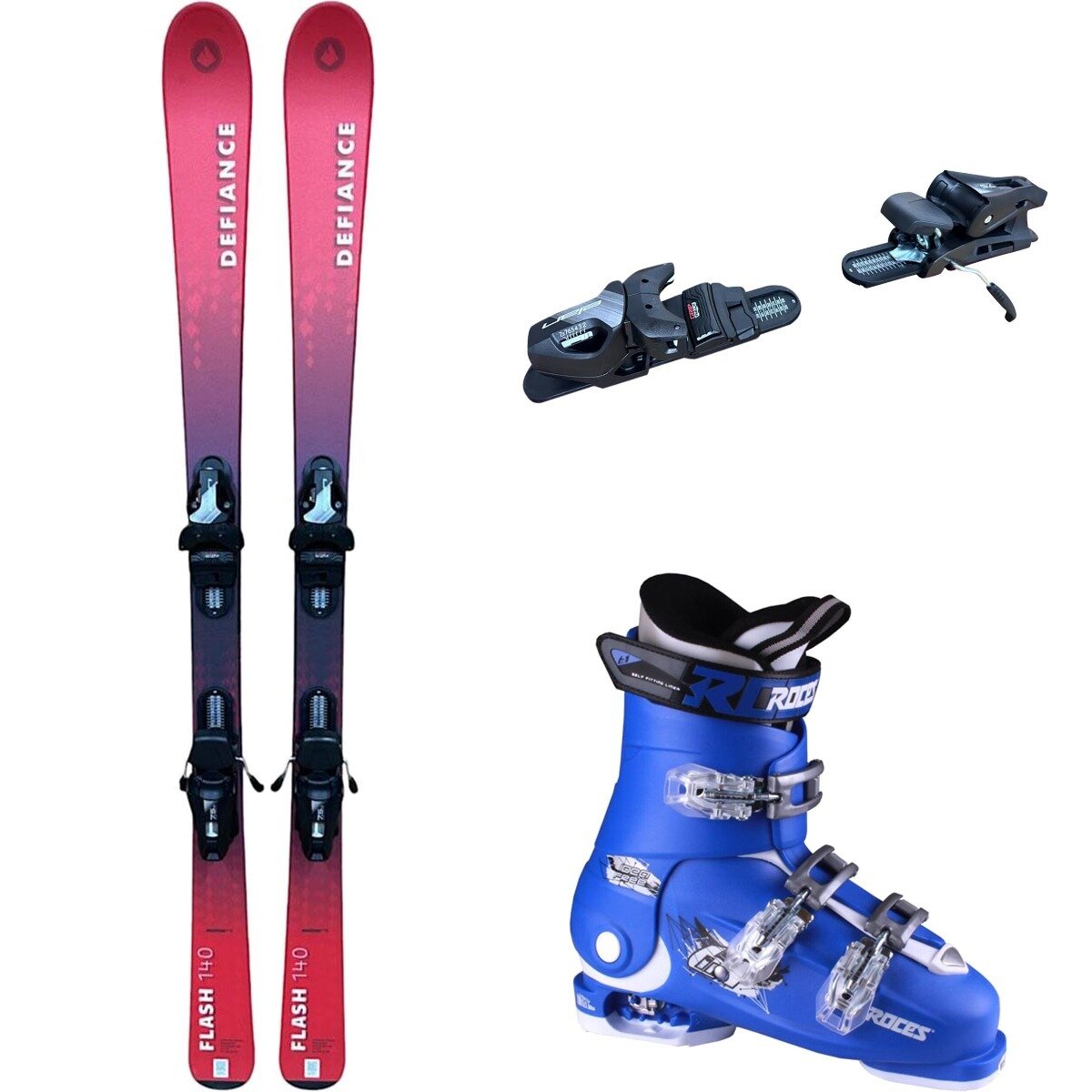 Image of Defiance Flash Jrs Ski + EL 7.5 Binding + Idea Free Boot - 2025 Red/Blk/Blu/Wht, 140cm/OS/22.5-25.5