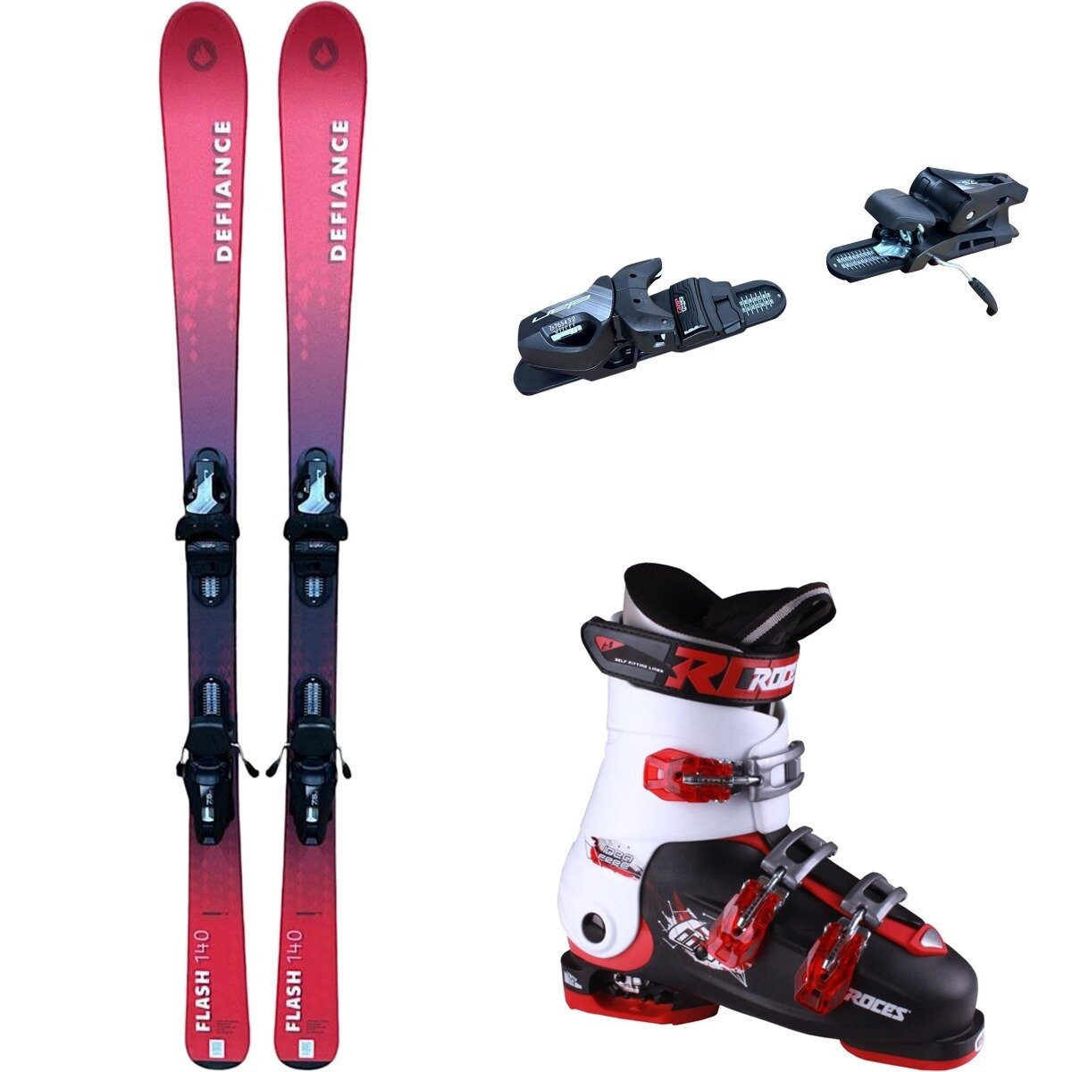 Image of Defiance Flash Jrs Ski + EL 7.5 Binding + Idea Free Boot - 2025 Red/Blk/Blk/Wht/Red, 140cm/OS/22.5-25.5