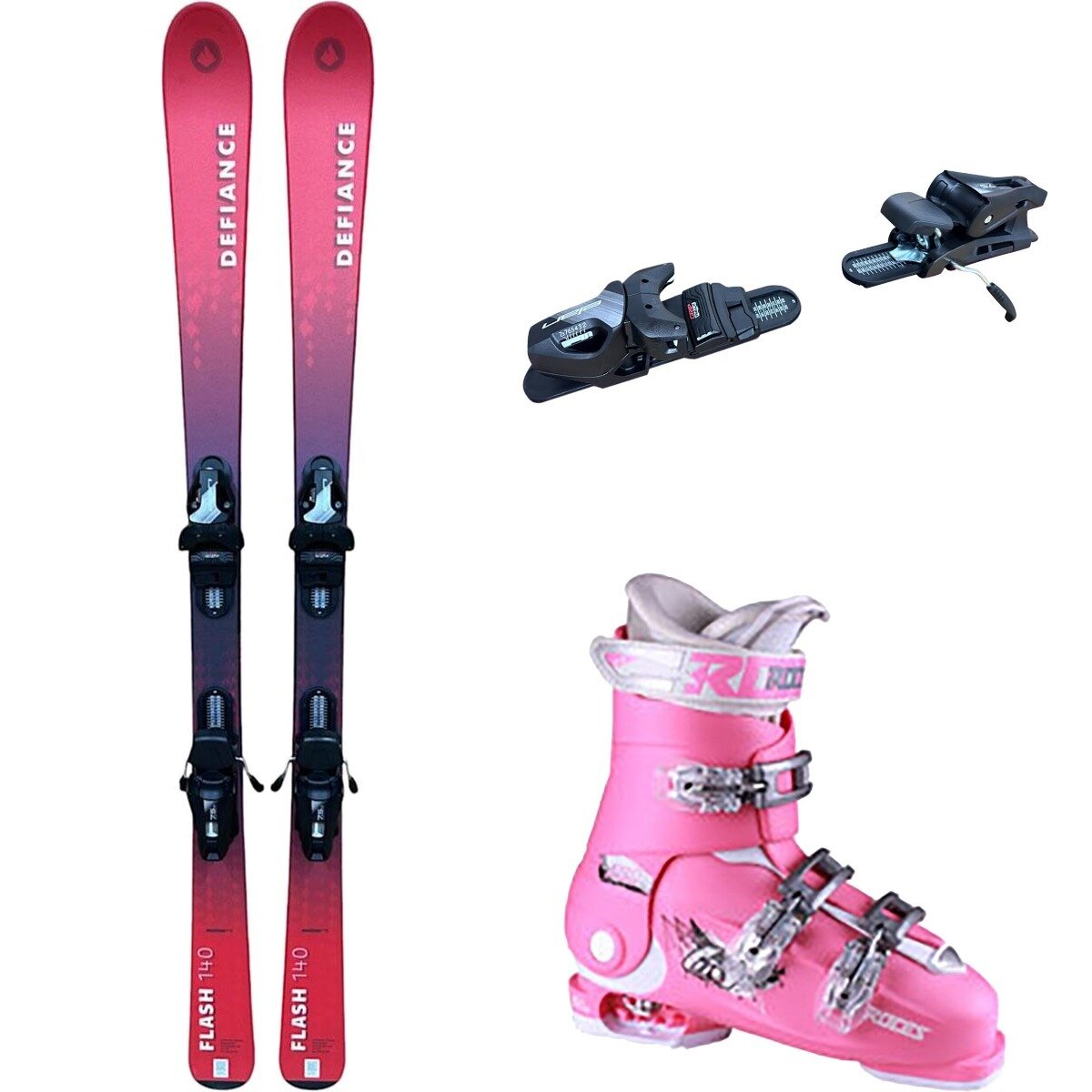 Image of Defiance Flash Jrs Ski + EL 7.5 Binding + Idea Free Boot - 2025 Red/Blk/Pnk/Wht, 140cm/OS/22.5-25.5