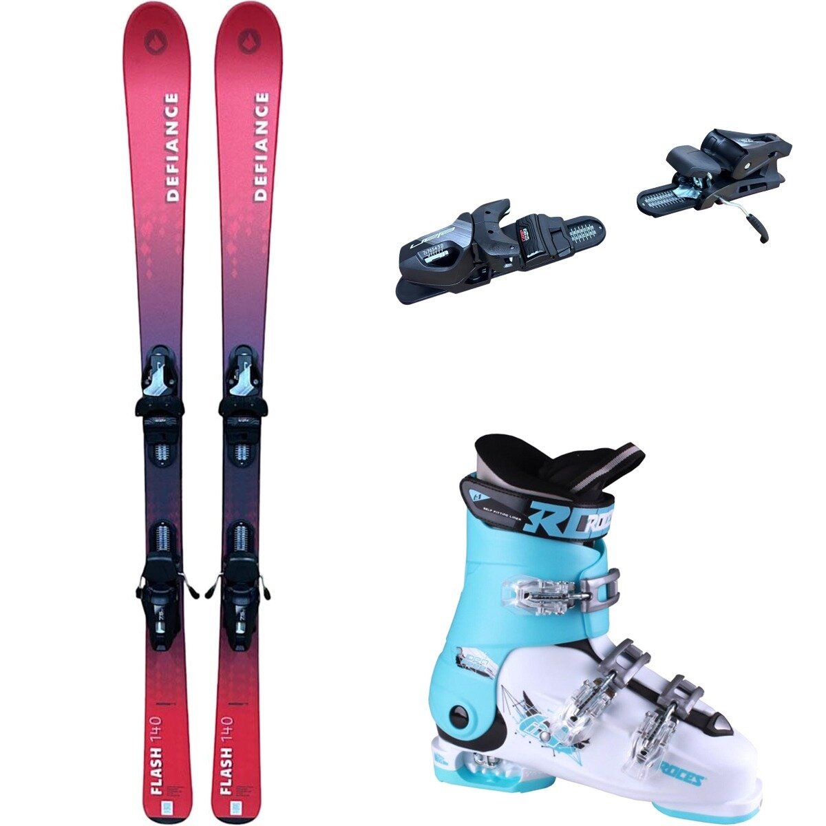 Image of Defiance Flash Jrs Ski + EL 7.5 Binding + Idea Free Boot - 2025 Red/Blk/Wht/Lt Blu, 140cm/OS/22.5-25.5