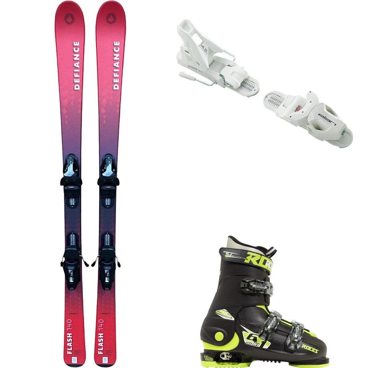 Image of Defiance Flash Jrs Ski + EL 7.5 Binding + Idea Free Boot - 2025 Red/Wht/Blk/Lime, 140cm/OS/22.5-25.5