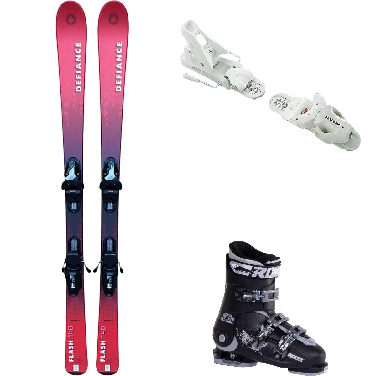 Image of Defiance Flash Jrs Ski + EL 7.5 Binding + Idea Free Boot - 2025 Red/Wht/Blk/Silv, 140cm/OS/22.5-25.5
