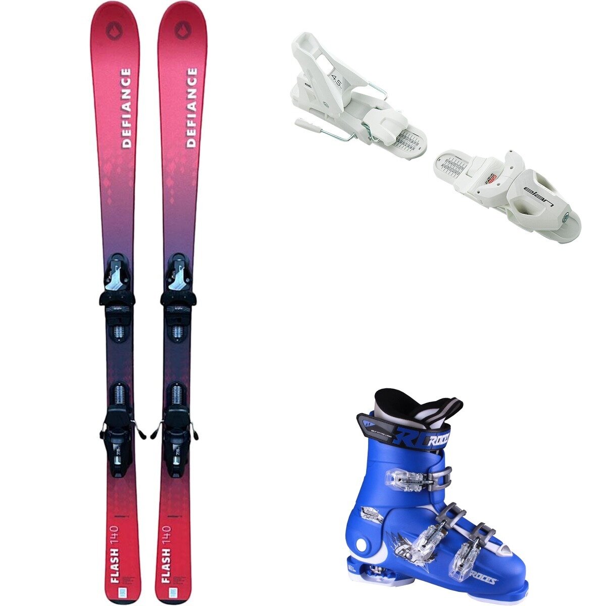 Image of Defiance Flash Jrs Ski + EL 7.5 Binding + Idea Free Boot - 2025 Red/Wht/Blu/Wht, 140cm/OS/22.5-25.5