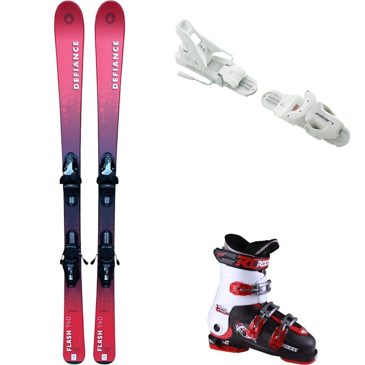 Image of Defiance Flash Jrs Ski + EL 7.5 Binding + Idea Free Boot - 2025 Red/Wht/Blk/Wht/Red, 140cm/OS/22.5-25.5