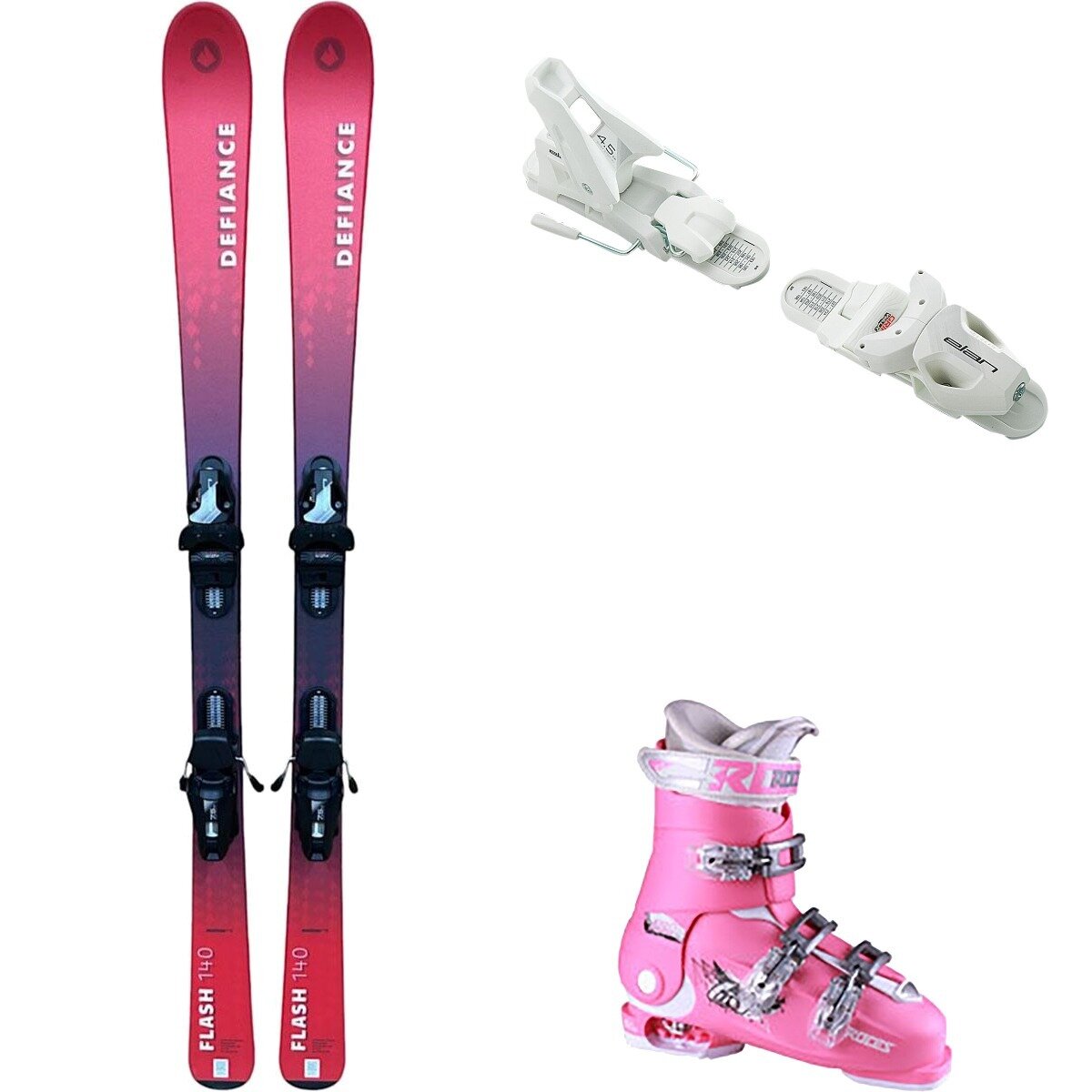 Image of Defiance Flash Jrs Ski + EL 7.5 Binding + Idea Free Boot - 2025 Red/Wht/Pnk/Wht, 140cm/OS/22.5-25.5