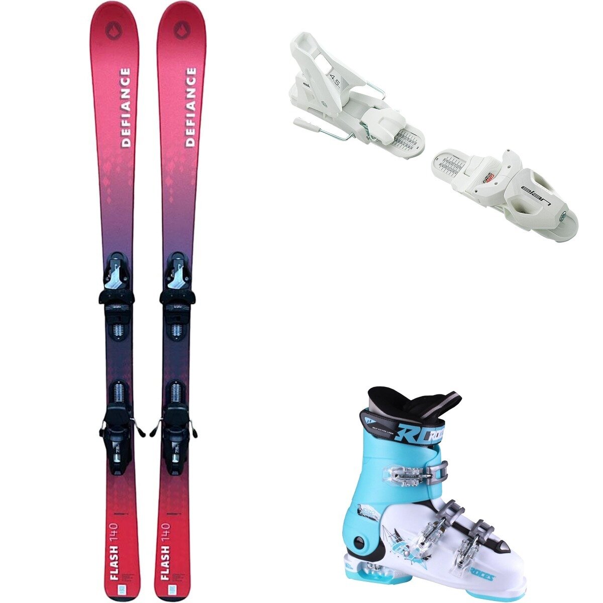 Image of Defiance Flash Jrs Ski + EL 7.5 Binding + Idea Free Boot - 2025 Red/Wht/Wht/Lt Blu, 140cm/OS/22.5-25.5