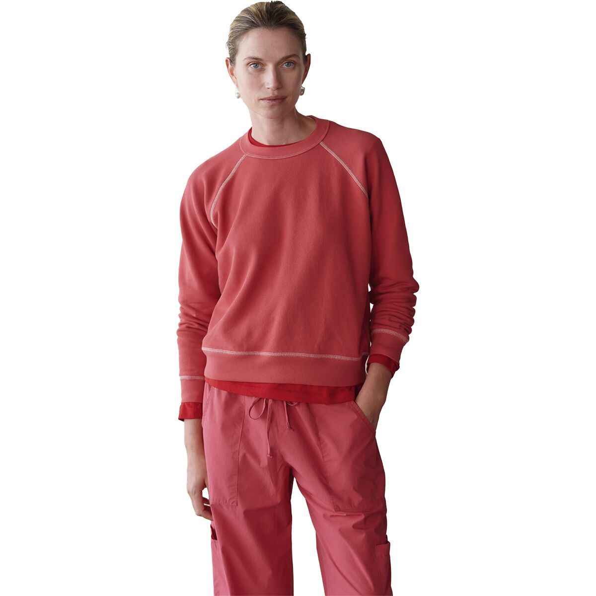 Image of Donni The Eco-Terry Contrast Stitch Sweatshirt - Women's Raspberry, S