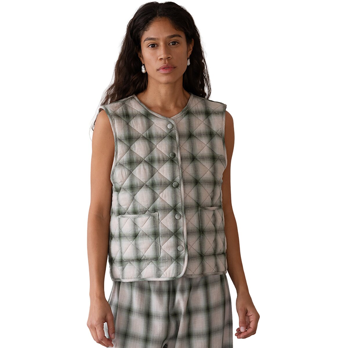 Image of Donni The Quilted Plaid Flannel Vest - Women's Oregano, S