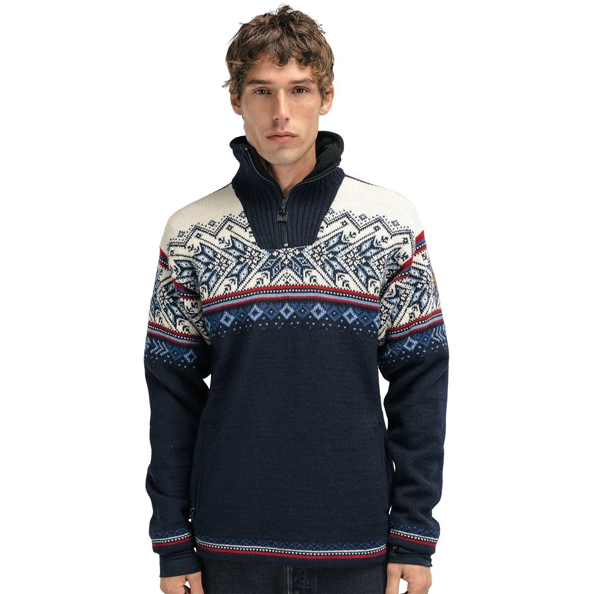 Image of Dale of Norway Vail Weatherproof Sweater - Men's Navy Red/Off White/Indigo Blue, XXL