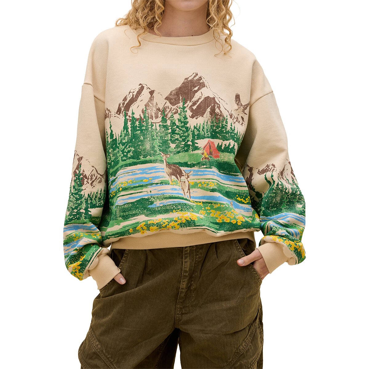 Image of DAYDREAMER Campsite Scene Oversized Crew Sweatshirt - Women's Sand, S
