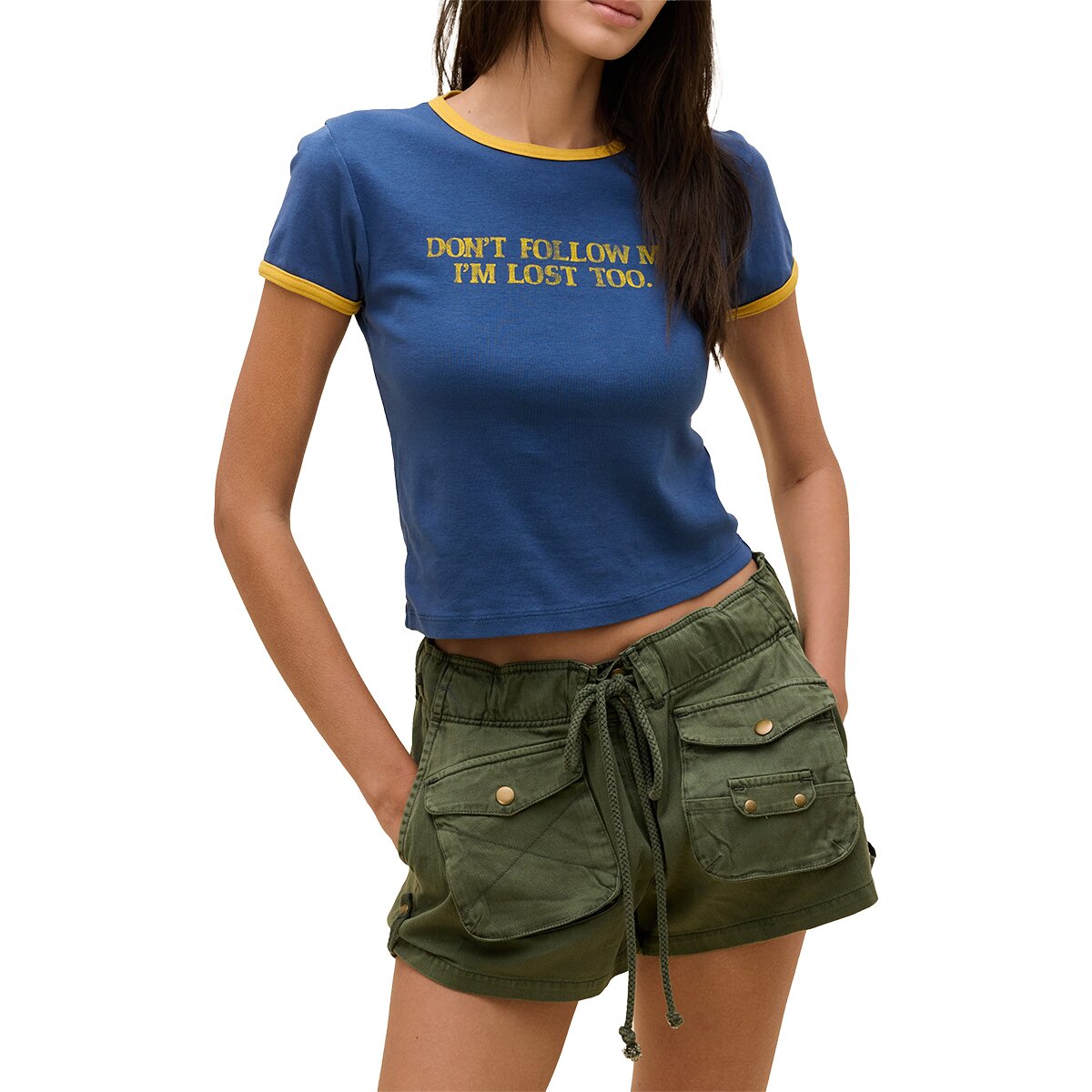 Image of DAYDREAMER Don't Follow Me Slim Ringer T-Shirt - Women's Washed Indigo Combo, M