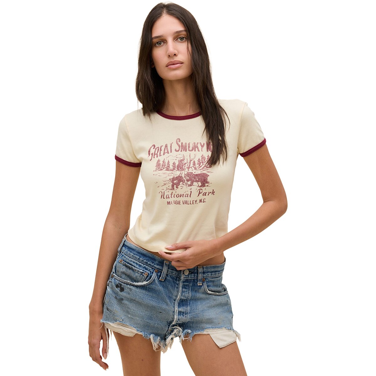 Image of DAYDREAMER Great Smoky Mtns Contrast Slim Ringer T-Shirt - Women's Pale Yellow Combo, XS