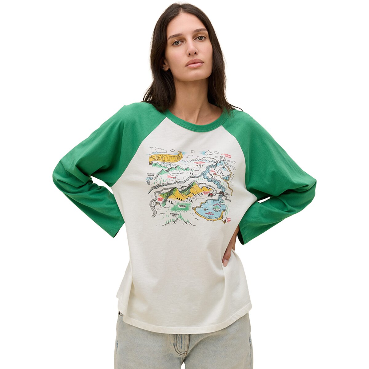 Image of DAYDREAMER Map Of Nowhere Oversized Raglan Long-Sleeve Top - Women's Green Briar Combo, M
