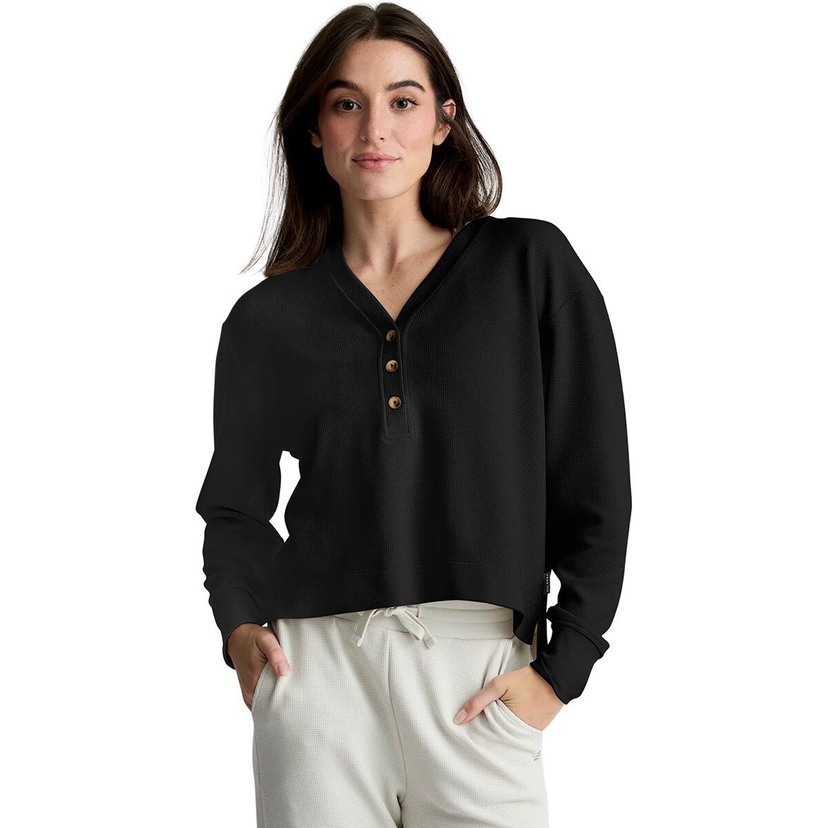 Image of Free Fly Waffle Long-Sleeve Henley Top - Women's Black Sand, S