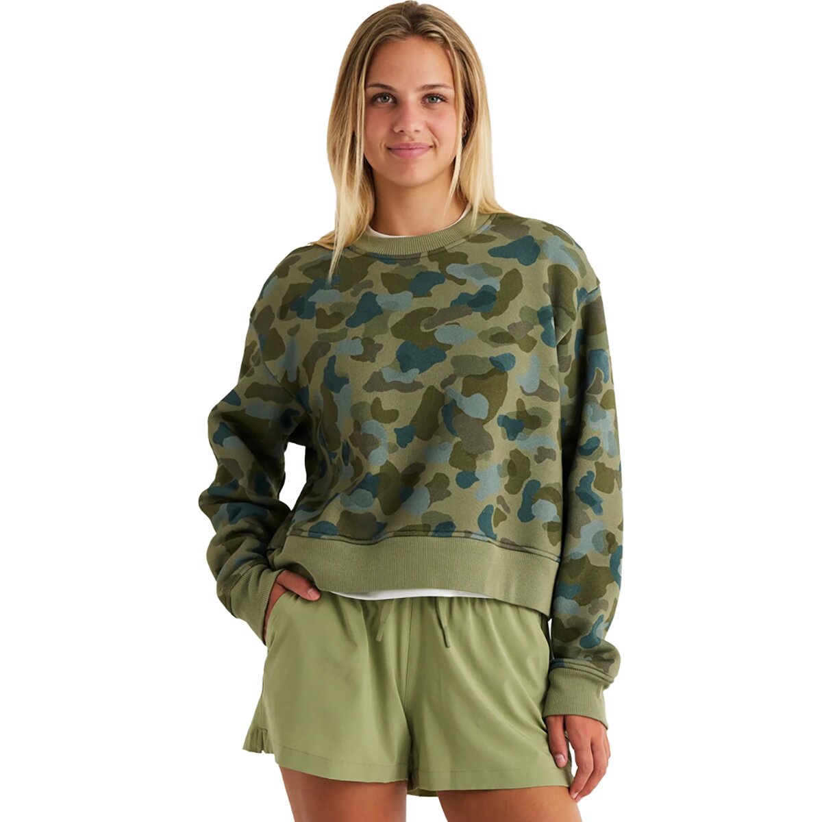 Image of Free Fly Northcoast Fleece Crew - Women's Watercolor Camo Oil Green, XL