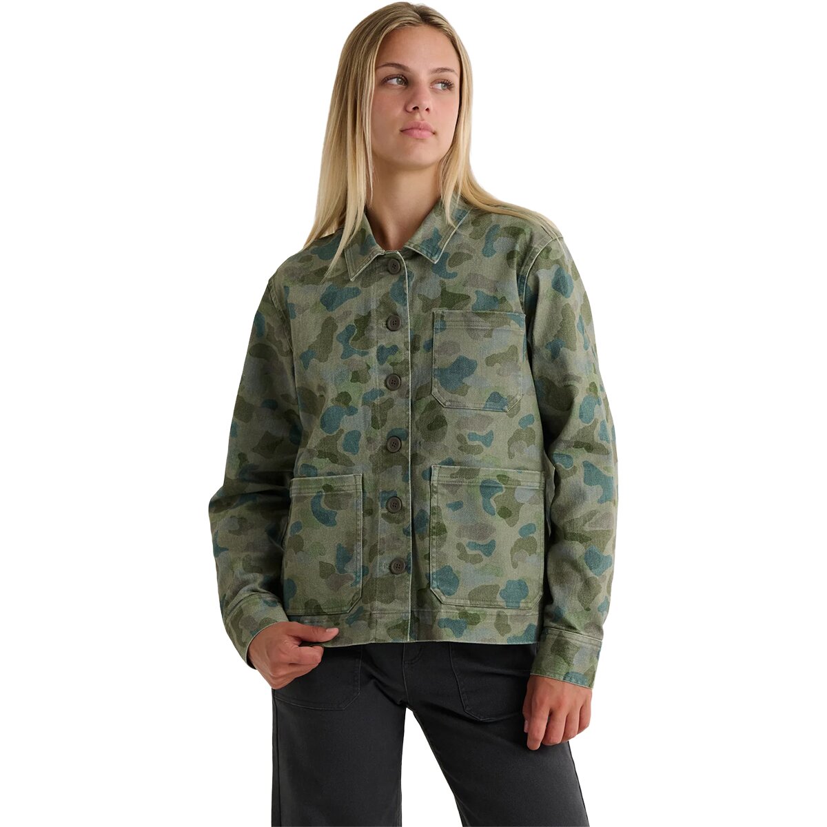 Image of Free Fly Folly Twill Chore Coat - Women's Watercolor Camo Oil Green, S