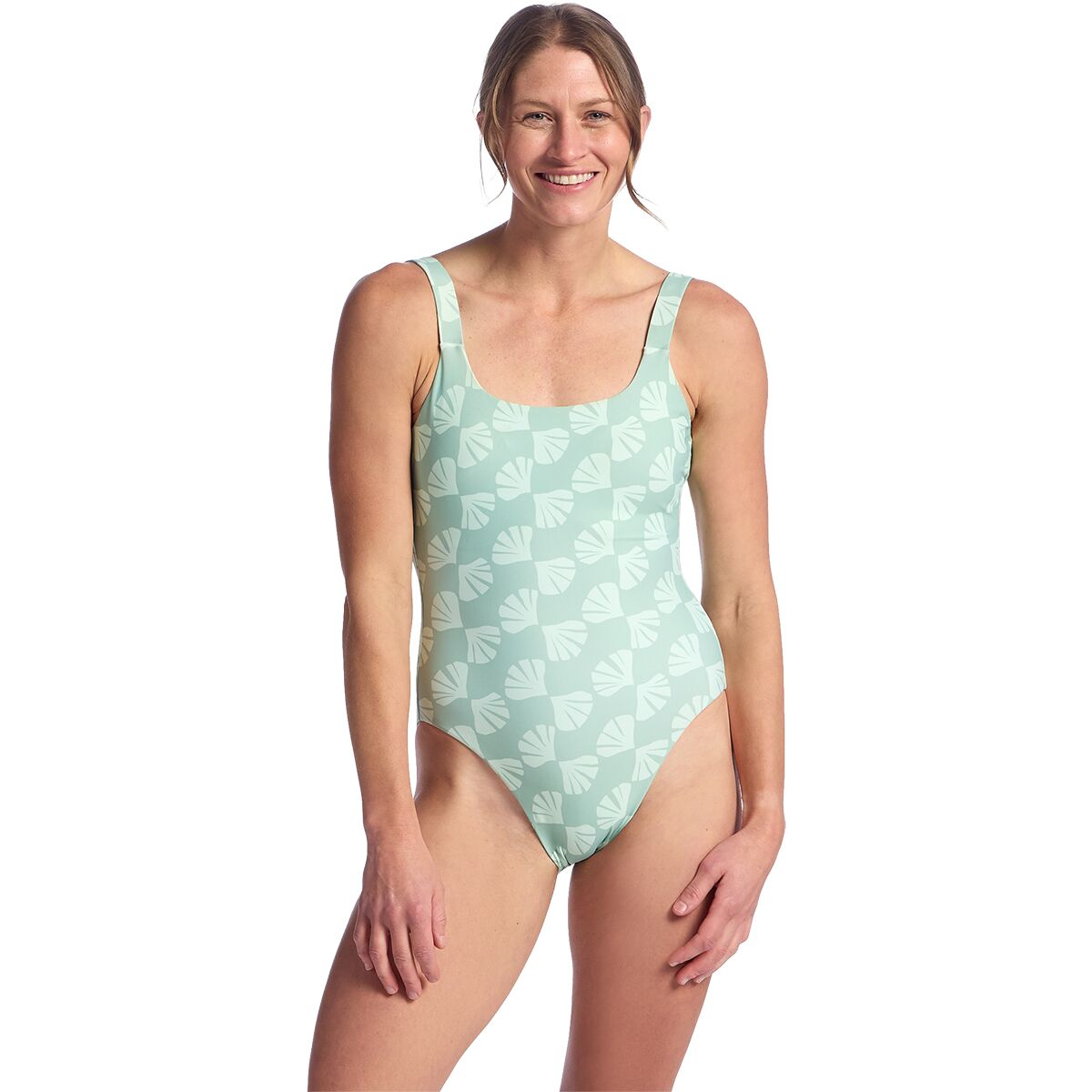 Image of Free Fly Wavebound One-Piece Swim Suit - Women's Sea Scallop Print Ocean Mist, L