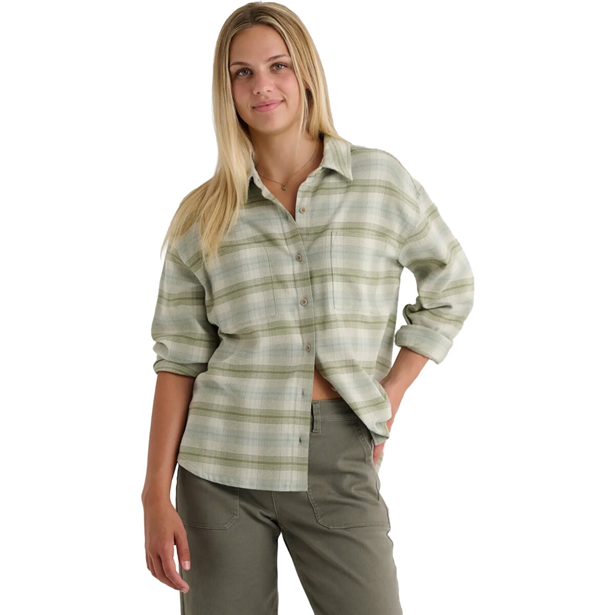 Image of Free Fly Seawool Oversized Flannel Shirt - Women's Plaid Oil Green, XS