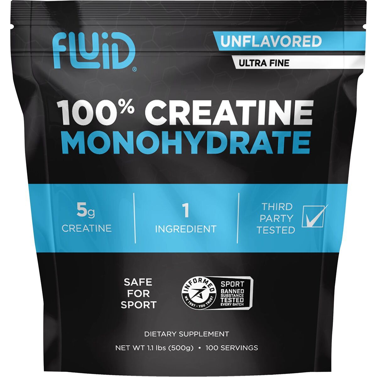 Image of Fluid 100% CREATINE MONOHYDRATE 100 Serving bag, 500g