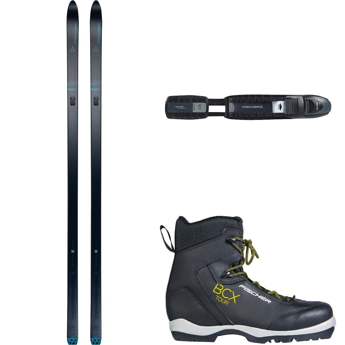 Image of Fischer Outback 68 Xtralite Touring Ski Package w/ Pole Blue/Black/Grey/Black/White, 169cm/40.0/140cm/Auto
