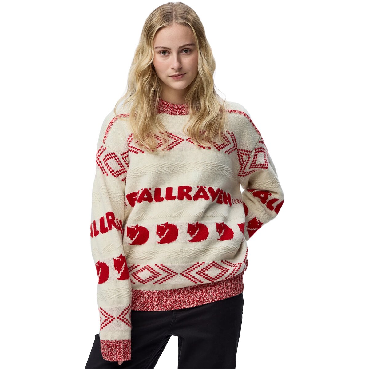 Image of Fjallraven Jacquard Knit Top - Women's Chalk White/True Red, S