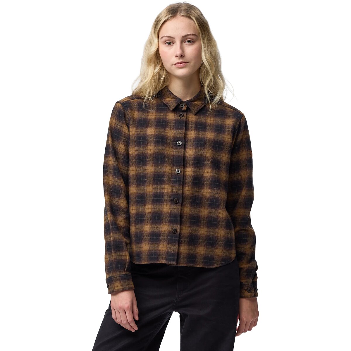 Image of Fjallraven Ovik Boxy Flannel Shirt - Women's Black/Wood Brown, M