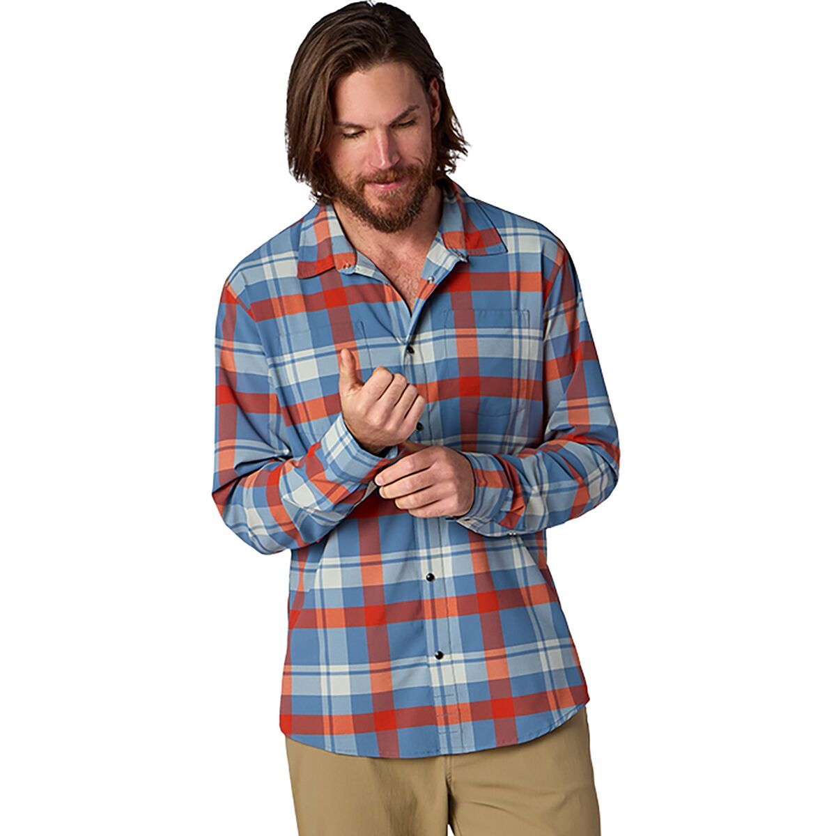 Image of Flylow Royal Chambray Shirt - Men's Ocean/Stone Plaid, XXL