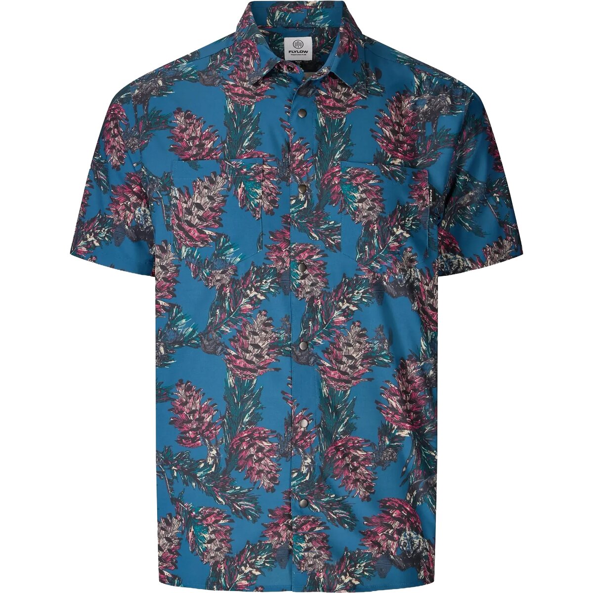 Image of Flylow Wesley Short-Sleeve MTB Shirt - Men's Ocean/Dragonfruit Pine Cone Party, L
