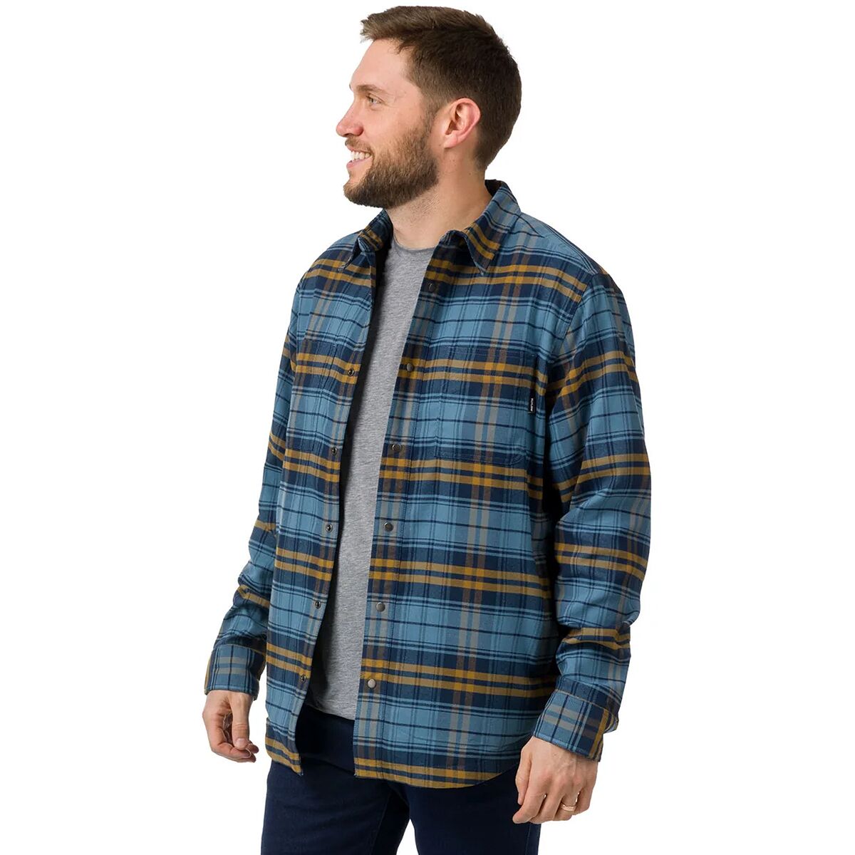 Image of Flylow Lassen Fleece Lined Flannel - Men's Ocean/Rye Plaid, L