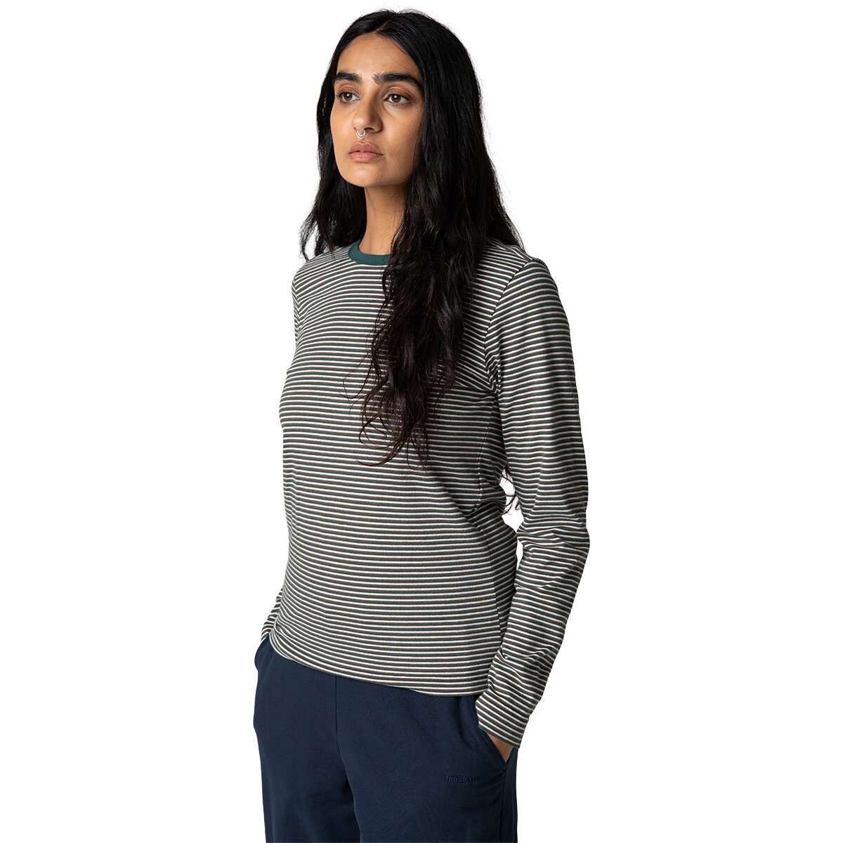 Image of Finisterre Eldon Stripe Long-Sleeve Top - Women's Acorn Brown/Harbour Teal/Ecru, 8