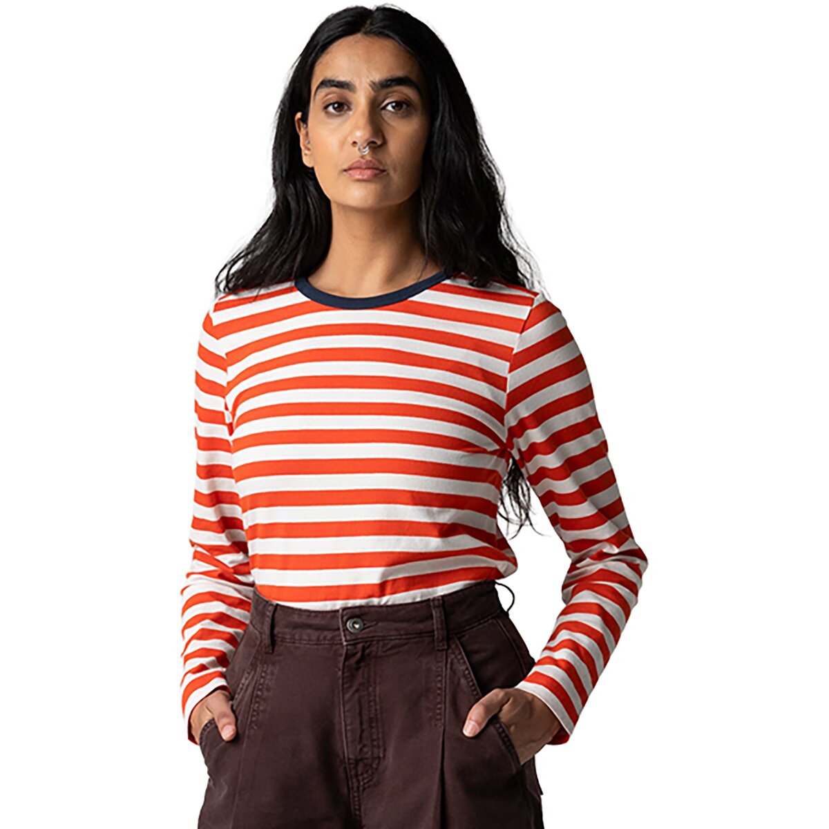 Image of Finisterre Eldon Stripe Long-Sleeve Top - Women's Lighthouse Red/Ecru, 10