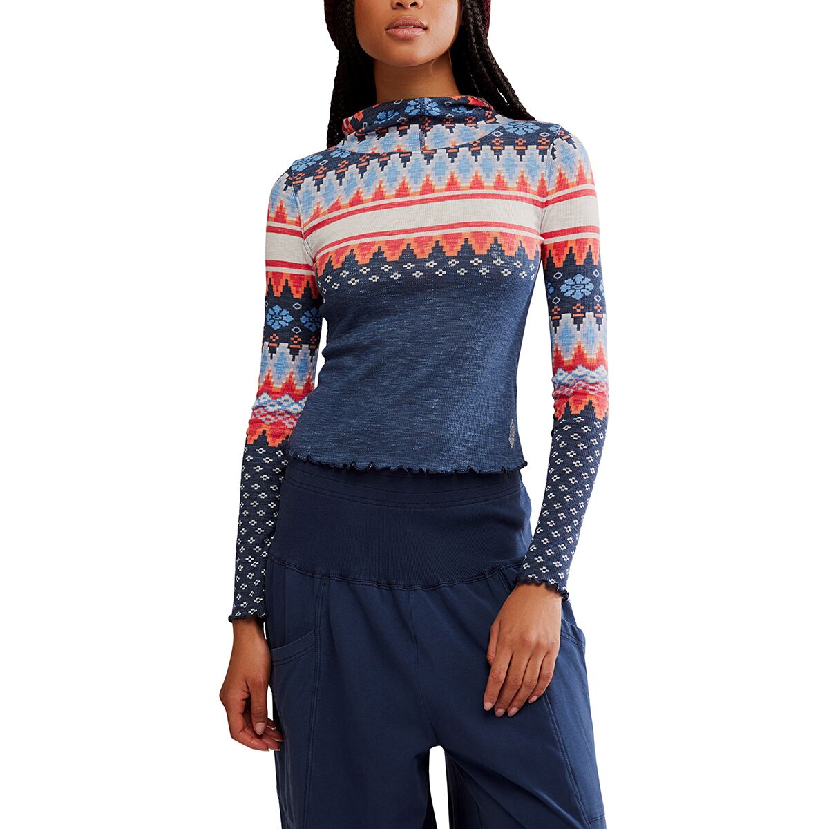Image of FP Movement Printed Breathe Easy Long Top - Women's Plaid Fairisle Navy, M