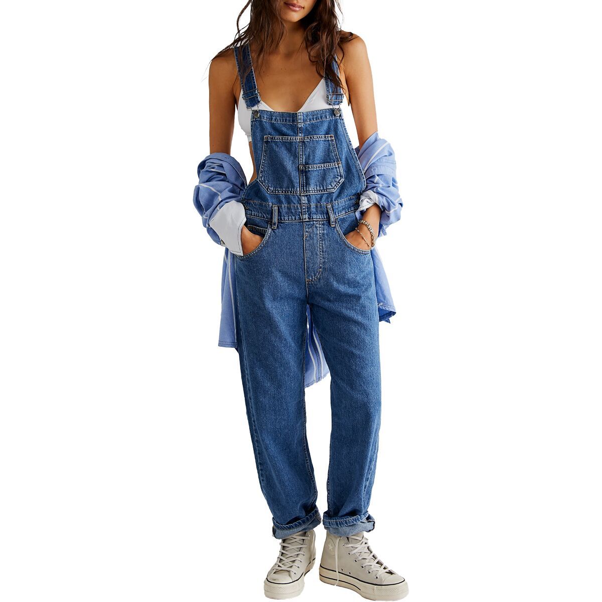 Blue Sleeveless Denim Overalls Wide Leg Loose Fit Straight - Temu