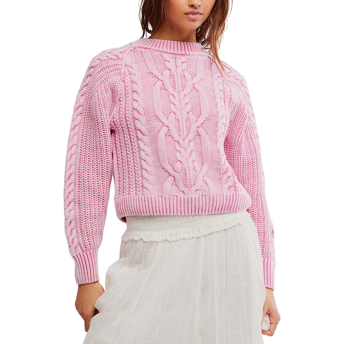 Image of Free People Frankie Cable Sweater - Women's Aurora Pink, L