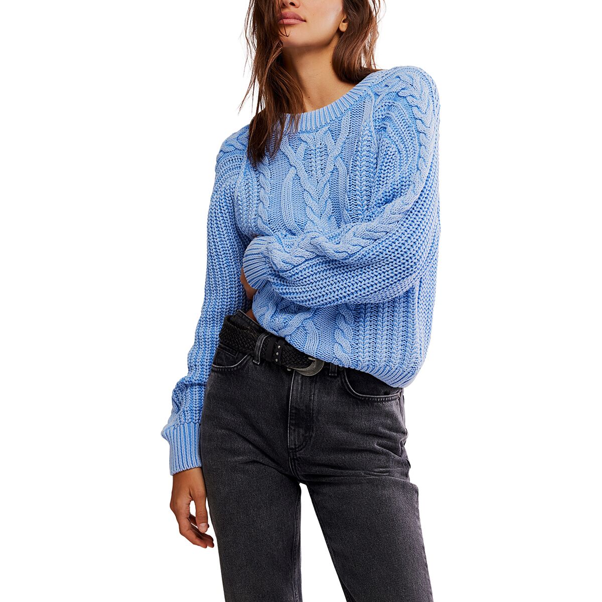 Image of Free People Frankie Cable Sweater - Women's Della Robbia Blue, XL