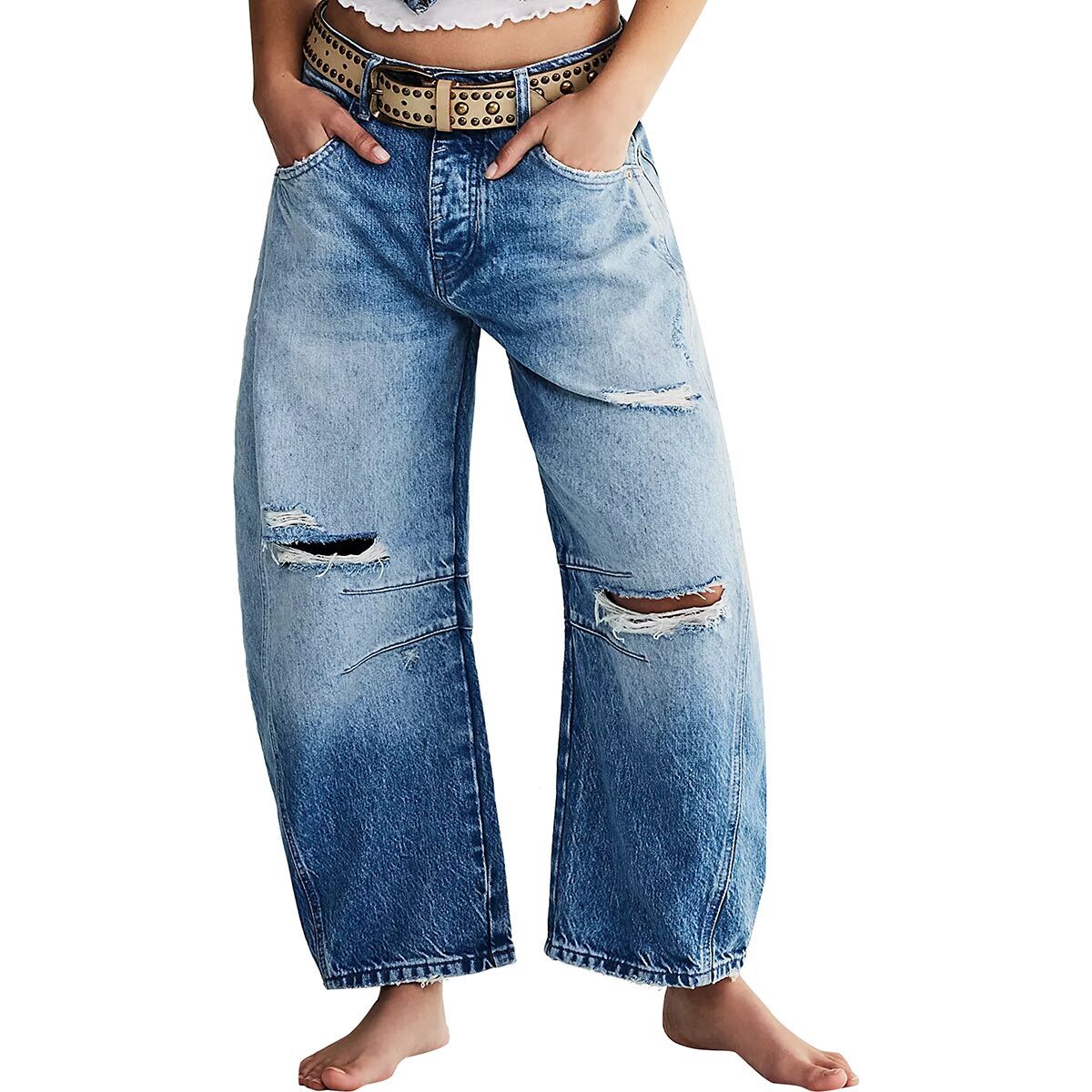 Image of Free People Good Luck Mid Rise Barrel Pant - Women's Barnyard Blue, 29