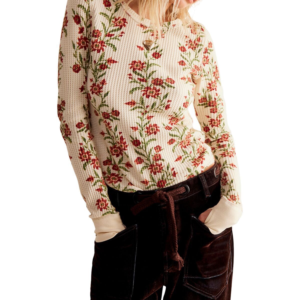 Image of Free People Pretty Little Thermal Top - Women's Sand Combo Folk Vine, S