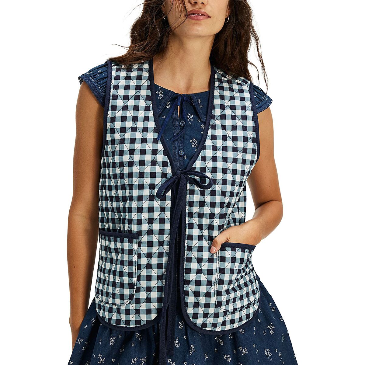 Image of Free People Claudine Vest - Women's Navy Gingham, M