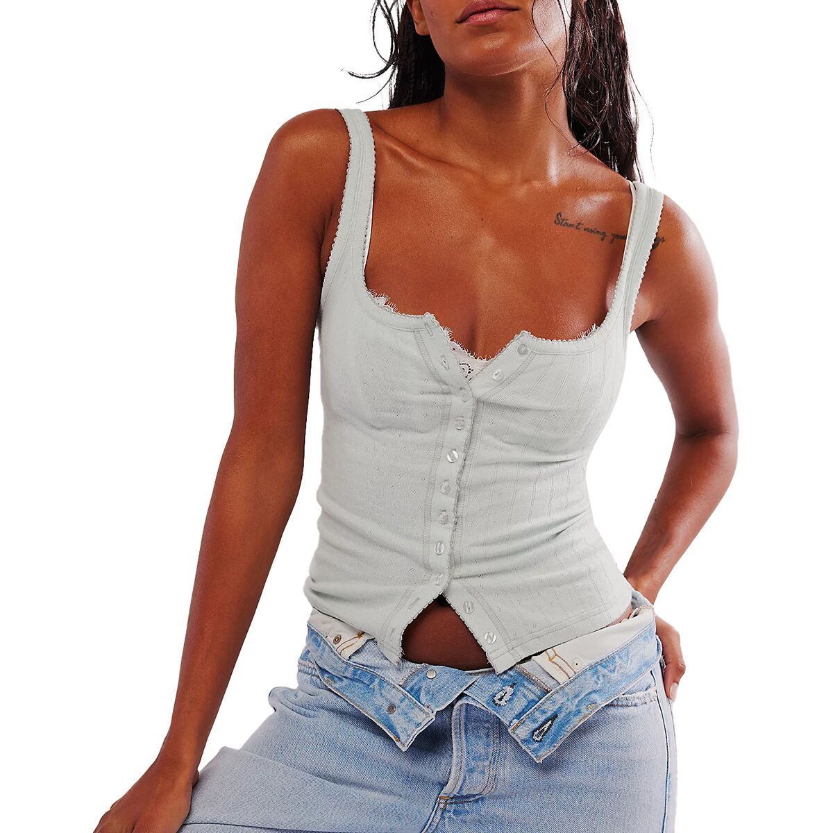 Image of Free People End Game Pointelle Tank Top - Women's Pale Aqua, XL