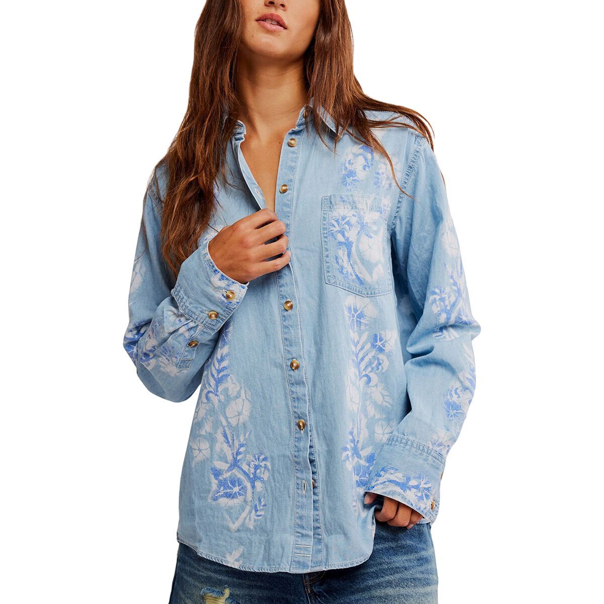 Image of Free People Airbrushed Blossom Denim Top - Women's Sky Blue Med Indigo, S