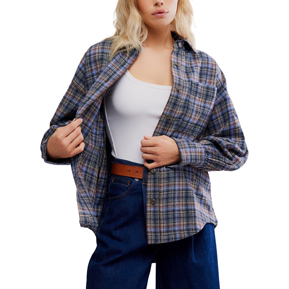 Image of Free People Ashley Plaid Long-Sleeve Shirt - Women's Blue Combo - Krista, M