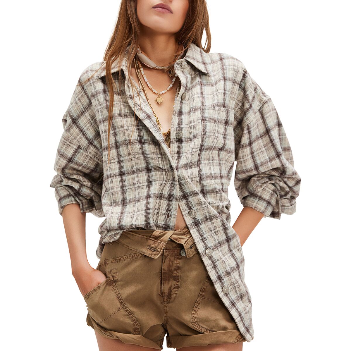 Image of Free People Ashley Plaid Long-Sleeve Shirt - Women's Ivory Combo - Krista, XS