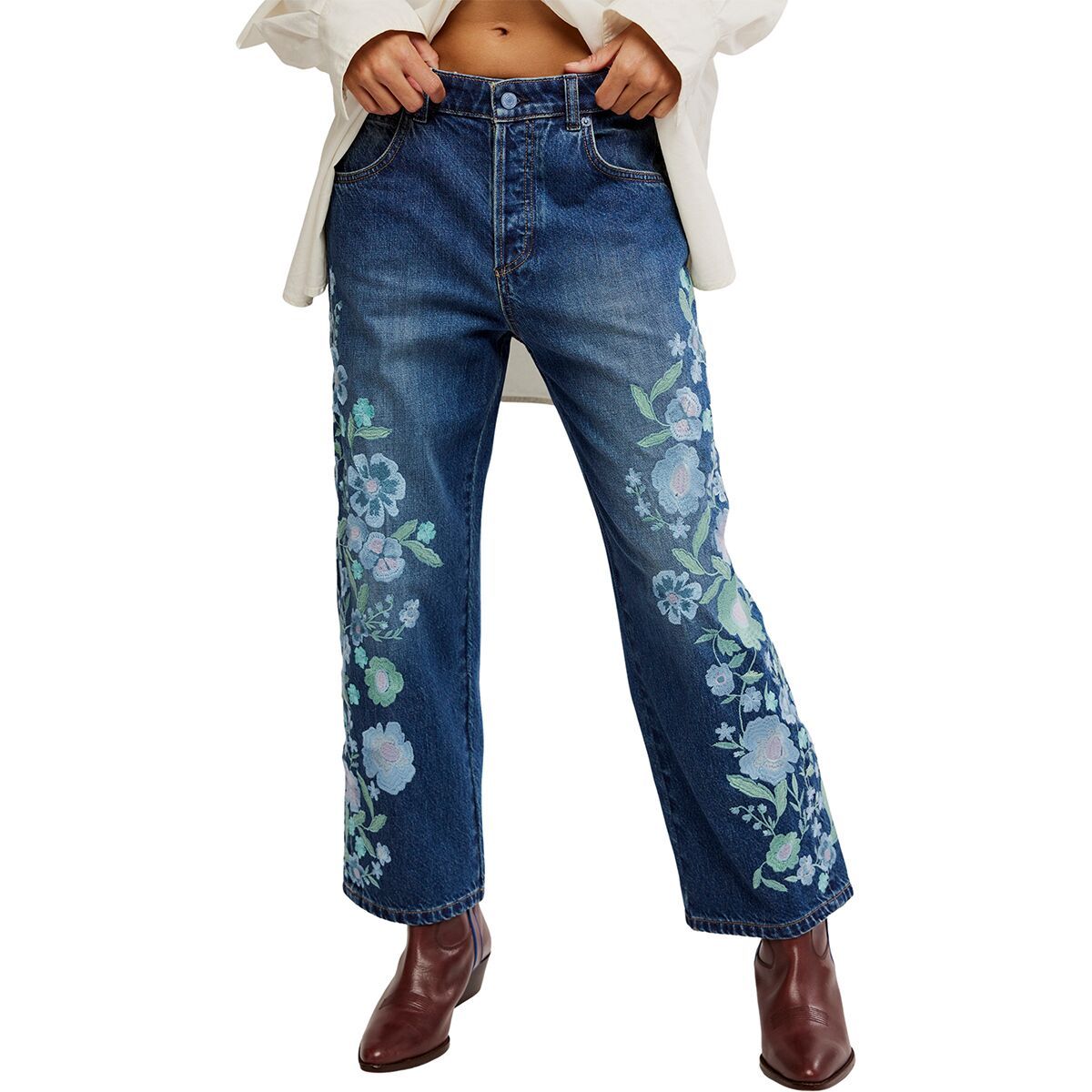 Image of Free People Willow Floral Embroidered Pant - Women's Forget Me Not, 28
