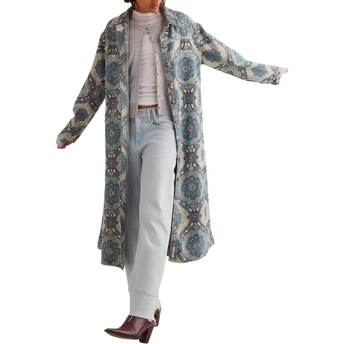 Image of Free People Brick Lane Jacquard Maxi Shirt Jacket - Women's Blue Combo, S