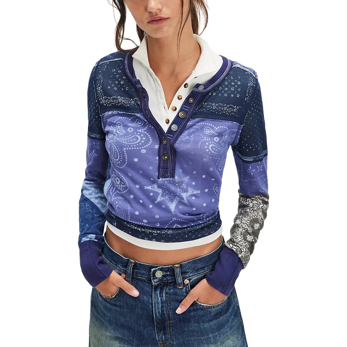 Free People Free People Indie Printed Cuff Top - Women's Indigo Combo, M